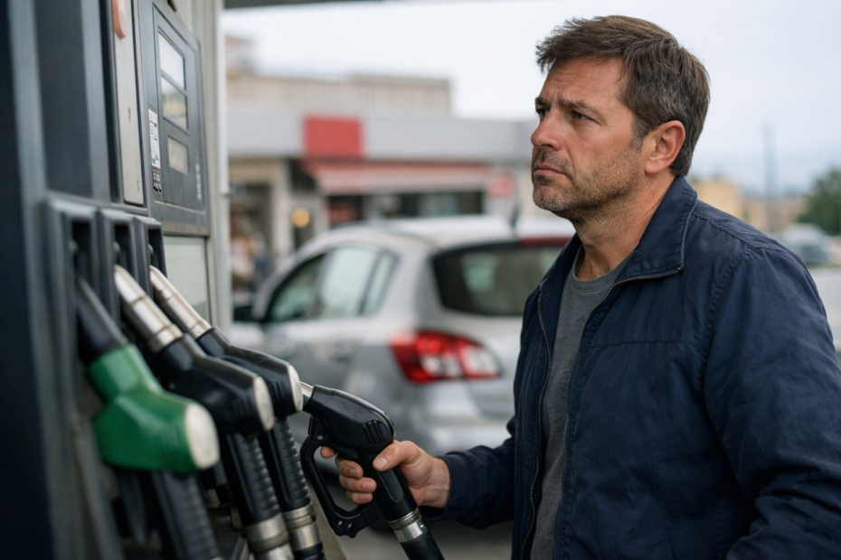 hombre repostando gasolina en España preocupado por el aumento del precio del combustible en 2026