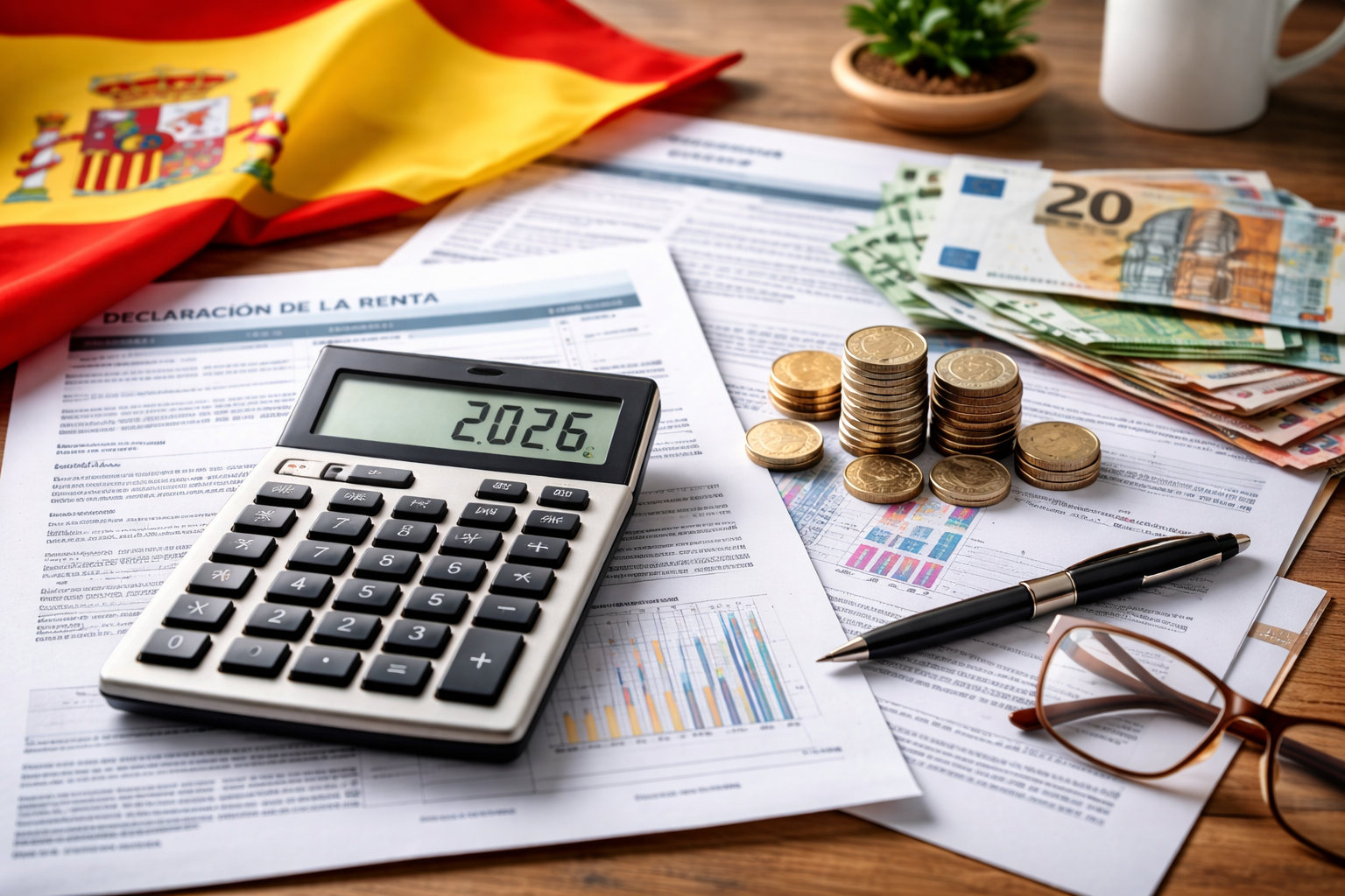 Persona revisando facturas y cálculos de impuestos en España en 2026