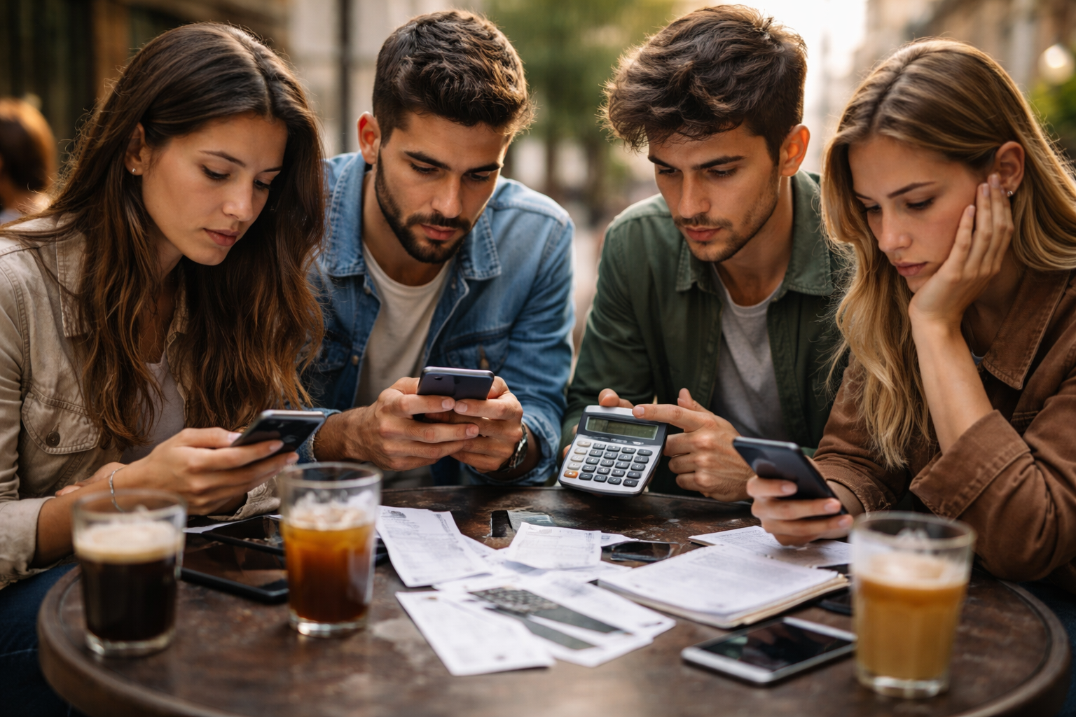 jovenes españoles revisando gastos en movil preocupados por el coste de vida en españa 2026