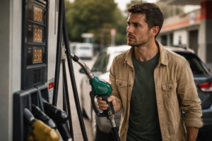 hombre en gasolinera en España mirando el precio del combustible con preocupación por el aumento al llenar el depósito