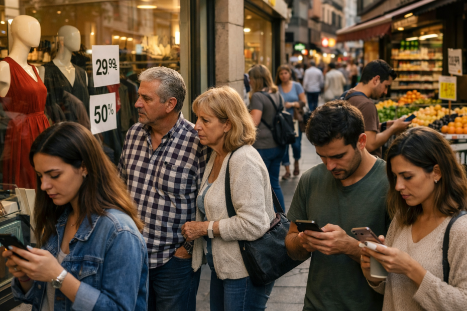 personas mirando precios en tiendas preocupadas por el coste de vida en españa en 2026