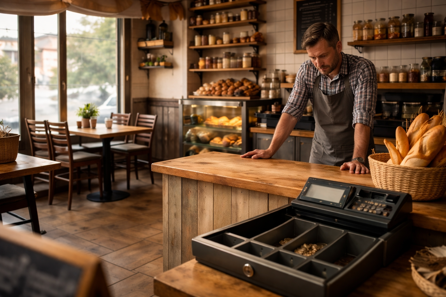 dueño de pequeño negocio en españa revisando caja registradora con menos clientes en 2026