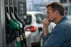 hombre en gasolinera en España mirando el precio del combustible con preocupación en 2026