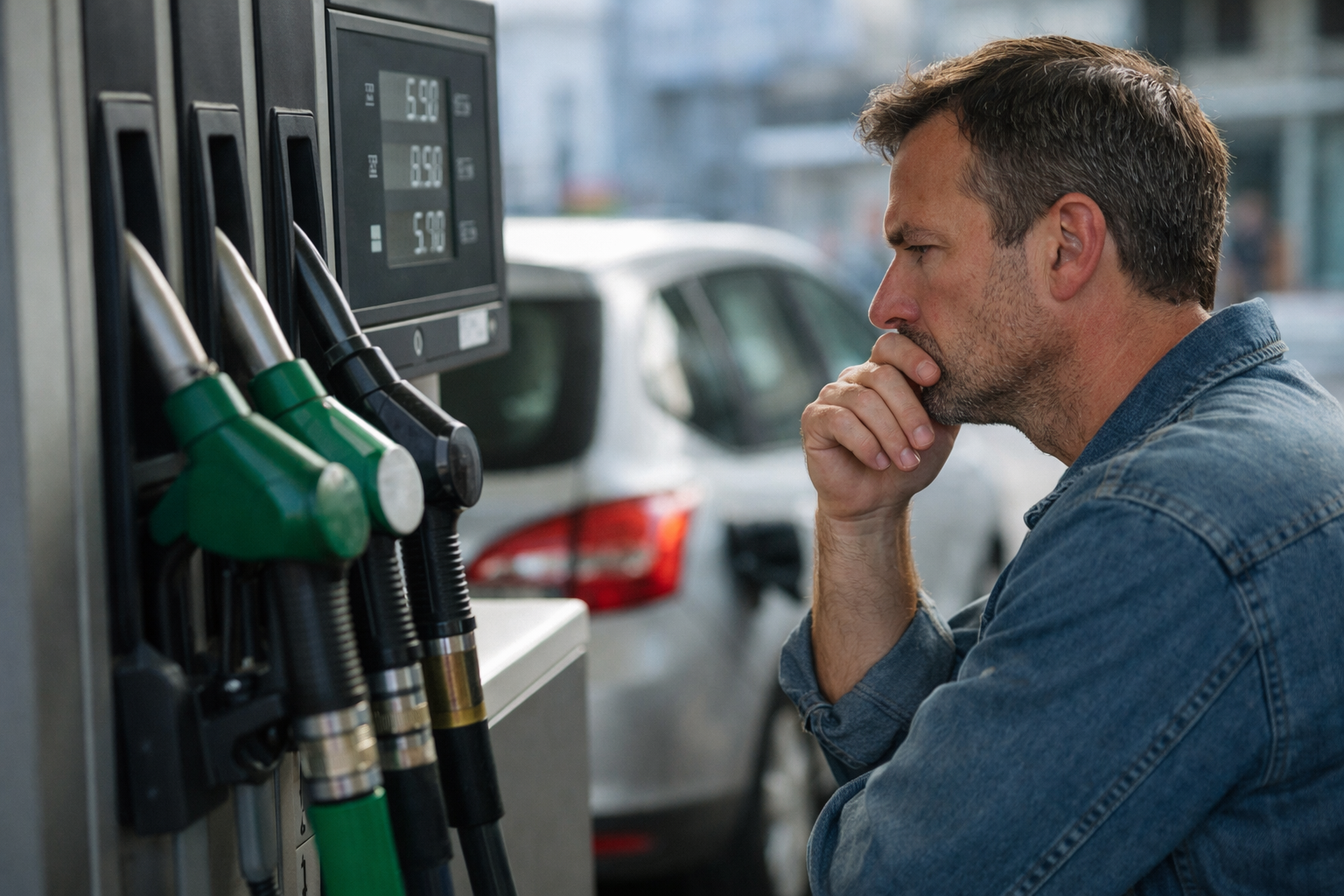 hombre en gasolinera en España mirando el precio del combustible con preocupación en 2026