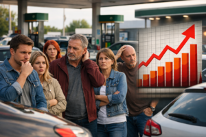grupo de personas en gasolinera en España con expresión de preocupación por la subida del precio del combustible