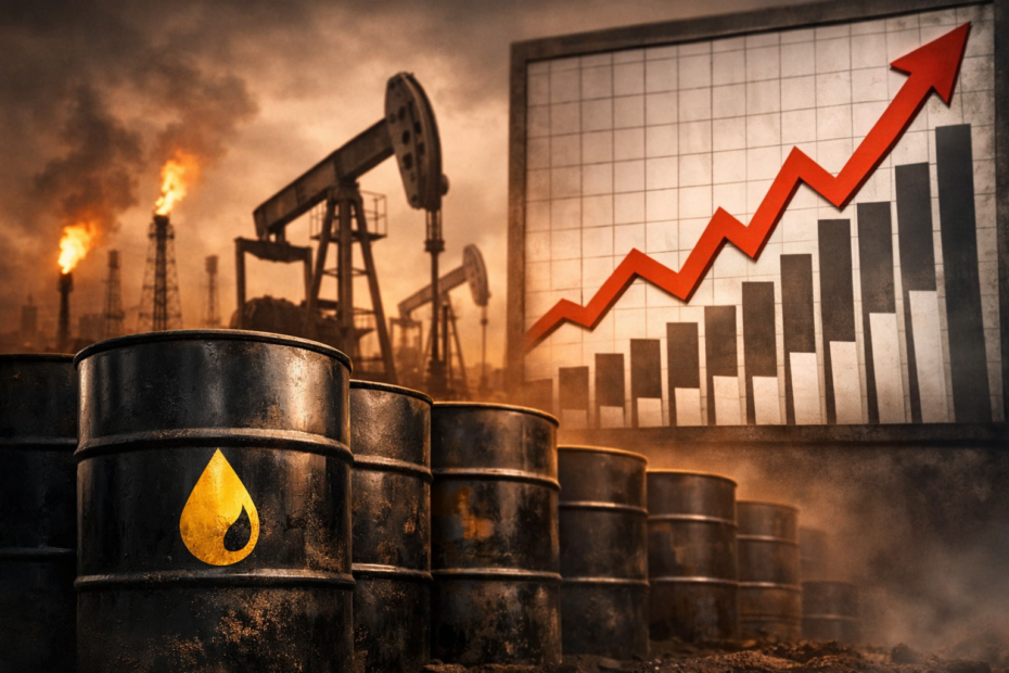 barriles de petróleo con gráfico al alza mostrando el aumento del precio del petróleo y su impacto económico