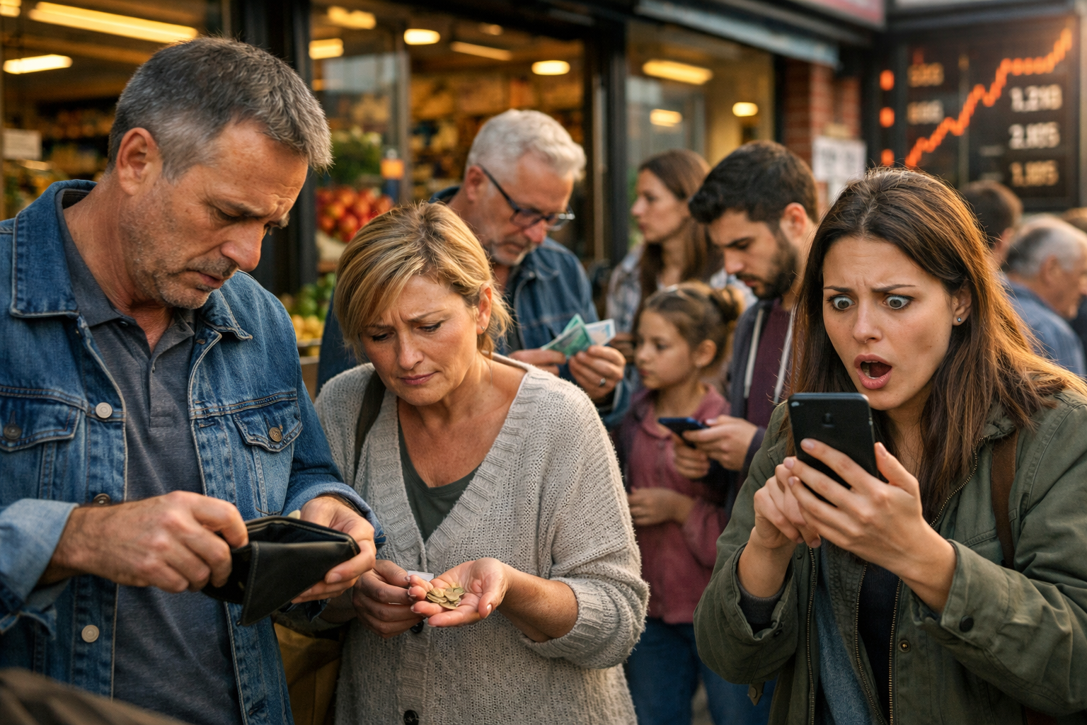 personas preocupadas frente a tienda de alimentos revisando dinero y reaccionando a la subida de precios en España