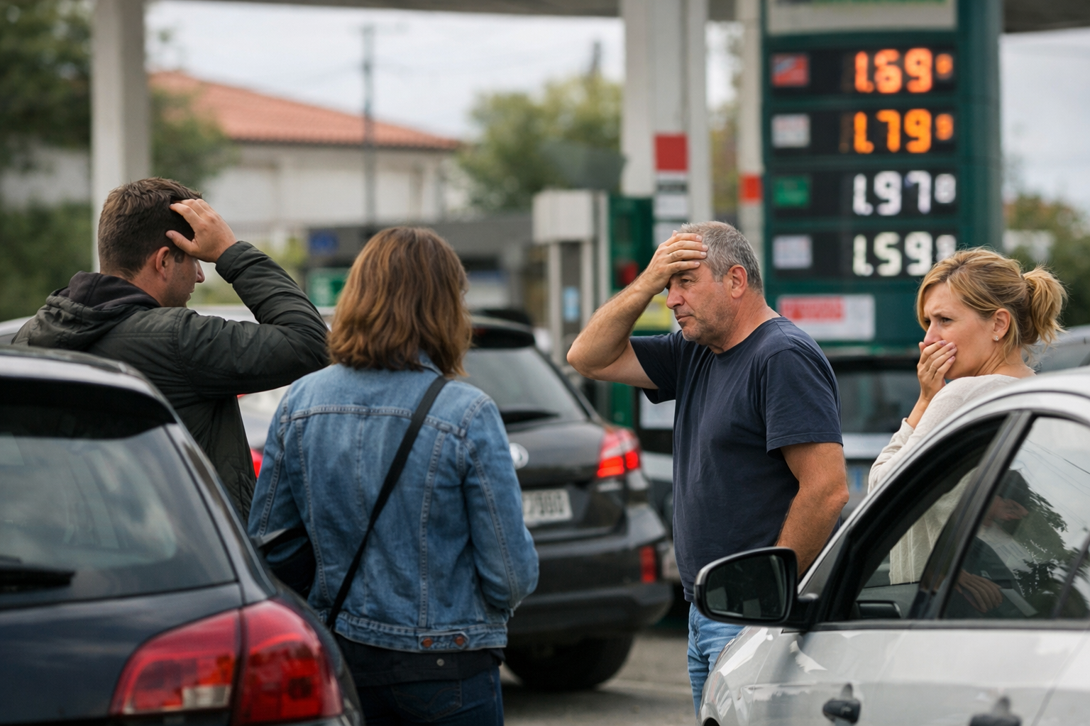personas preocupadas en gasolinera en España mirando precios altos del combustible por el aumento del transporte