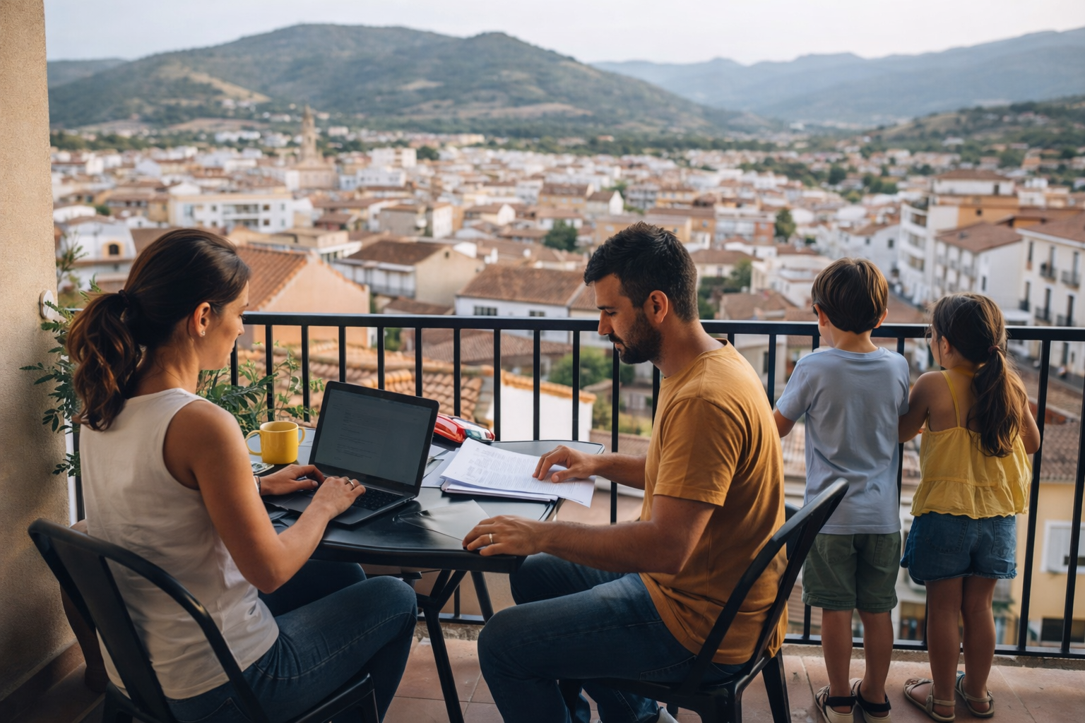 Familia trabajando desde casa en un municipio de España en 2026 tras mudarse por el teletrabajo