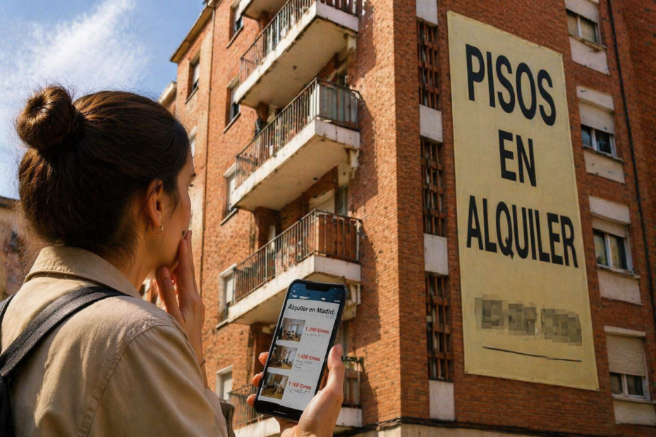 Mujer preocupada mirando precios de alquiler en España frente a edificio con pisos en alquiler en 2026