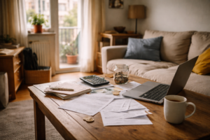 Apartamento en España con facturas y laptop reflejando el alto coste de vivir solo en 2026