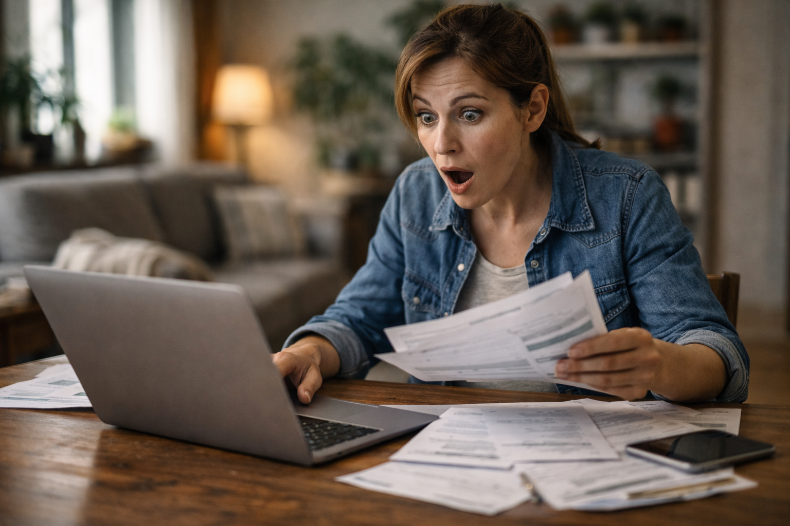 mujer en España revisando ayudas económicas en portátil con expresión de sorpresa y oportunidad financiera en casa