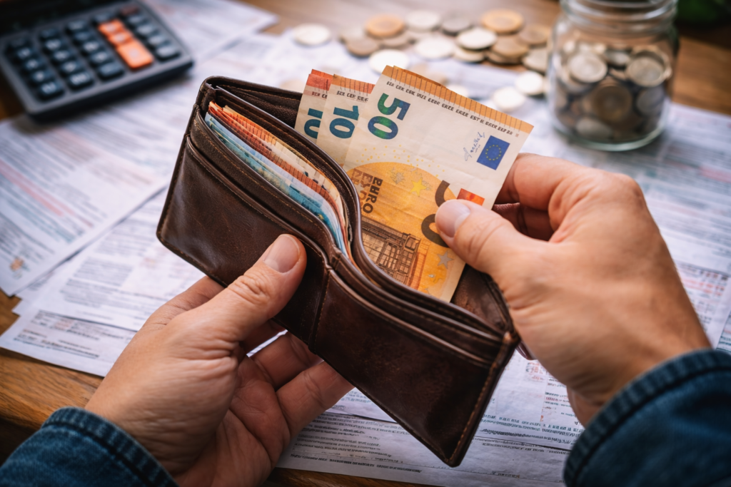 Cartera con billetes de euros sobre mesa con facturas reflejando el aumento del coste de vida en España en 2026