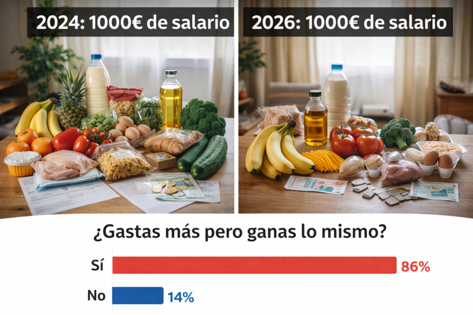 Comparación de alimentos comprados con el mismo salario en España entre 2024 y 2026 mostrando el impacto de la inflación