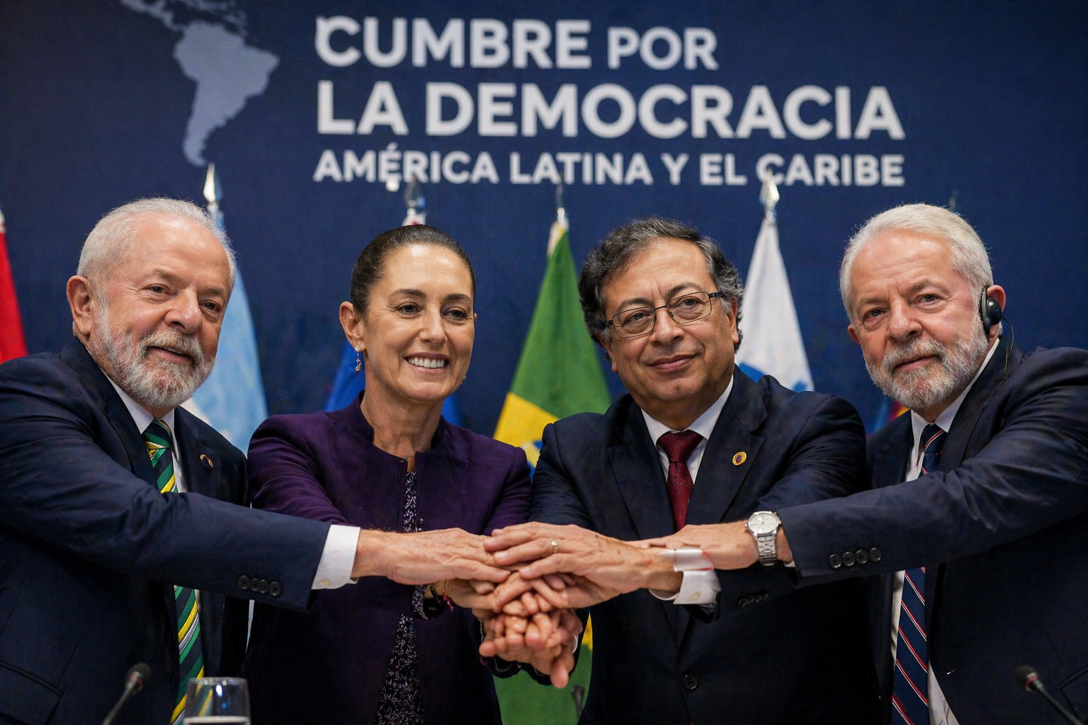 líderes de América Latina reunidos en cumbre por la democracia con gesto de unidad