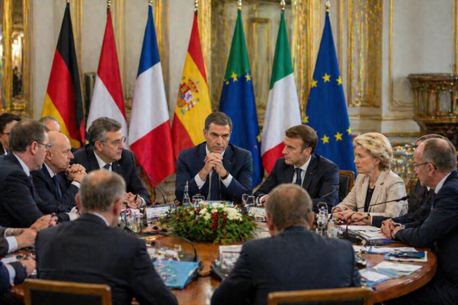 líderes europeos reunidos en cumbre internacional debatiendo tensión por conflicto con Irán