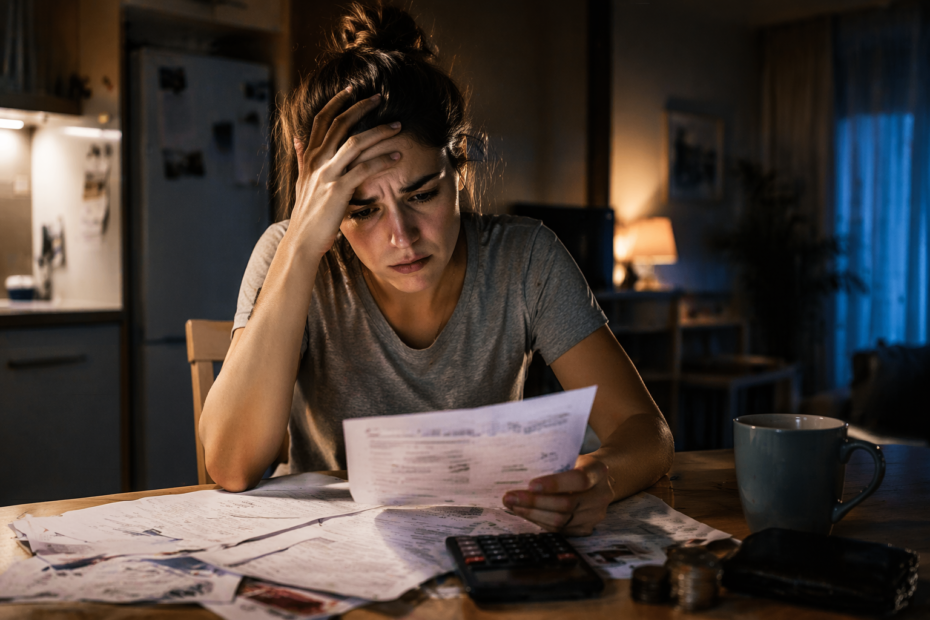 mujer en España preocupada revisando facturas por situación económica en 2026