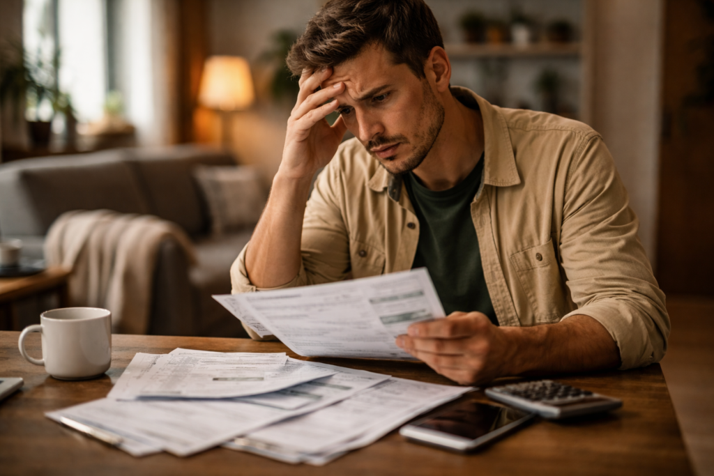 hombre en casa en España revisando facturas de energía con preocupación por el aumento de gastos mensuales