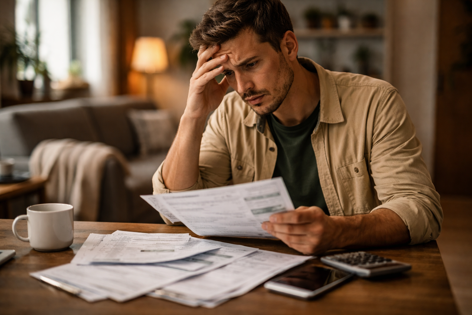 hombre en casa en España revisando facturas de energía con preocupación por el aumento de gastos mensuales