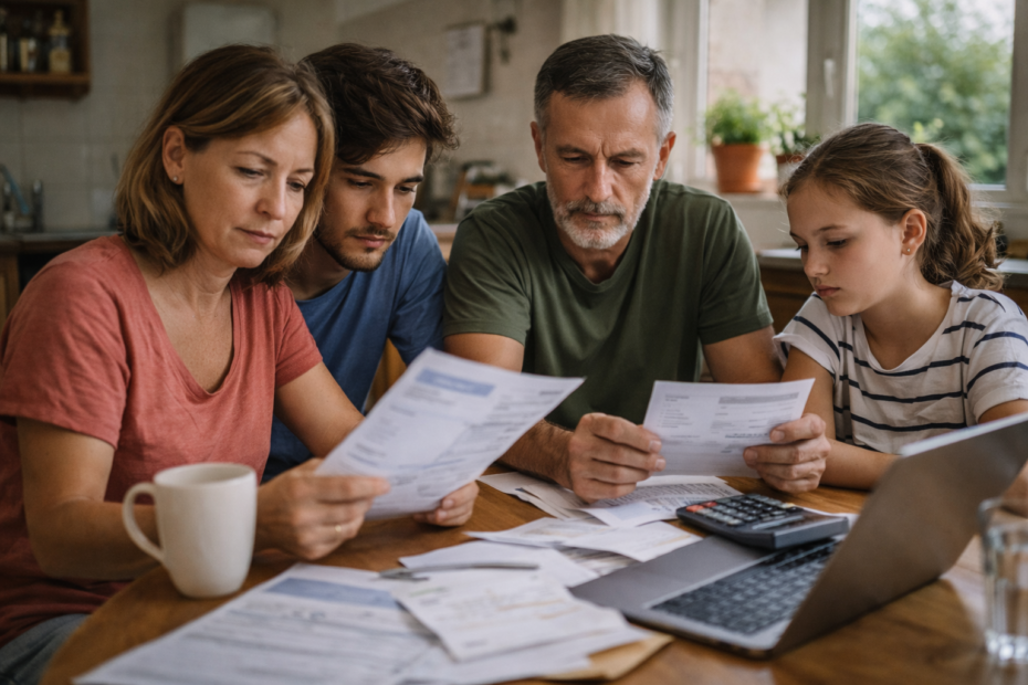 Familia en España revisando facturas y gastos del hogar con preocupación por el coste de vida en 2026