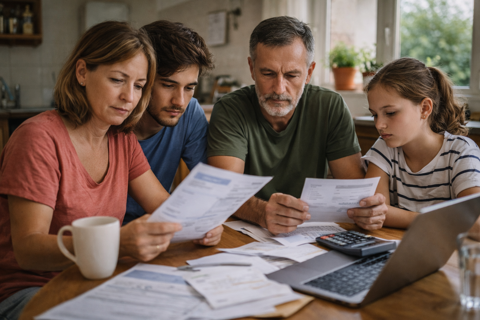 Familia en España revisando facturas y gastos del hogar con preocupación por el coste de vida en 2026