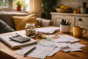 Facturas, dinero y calculadora sobre mesa en un hogar en España reflejando el impacto del coste de vida en 2026