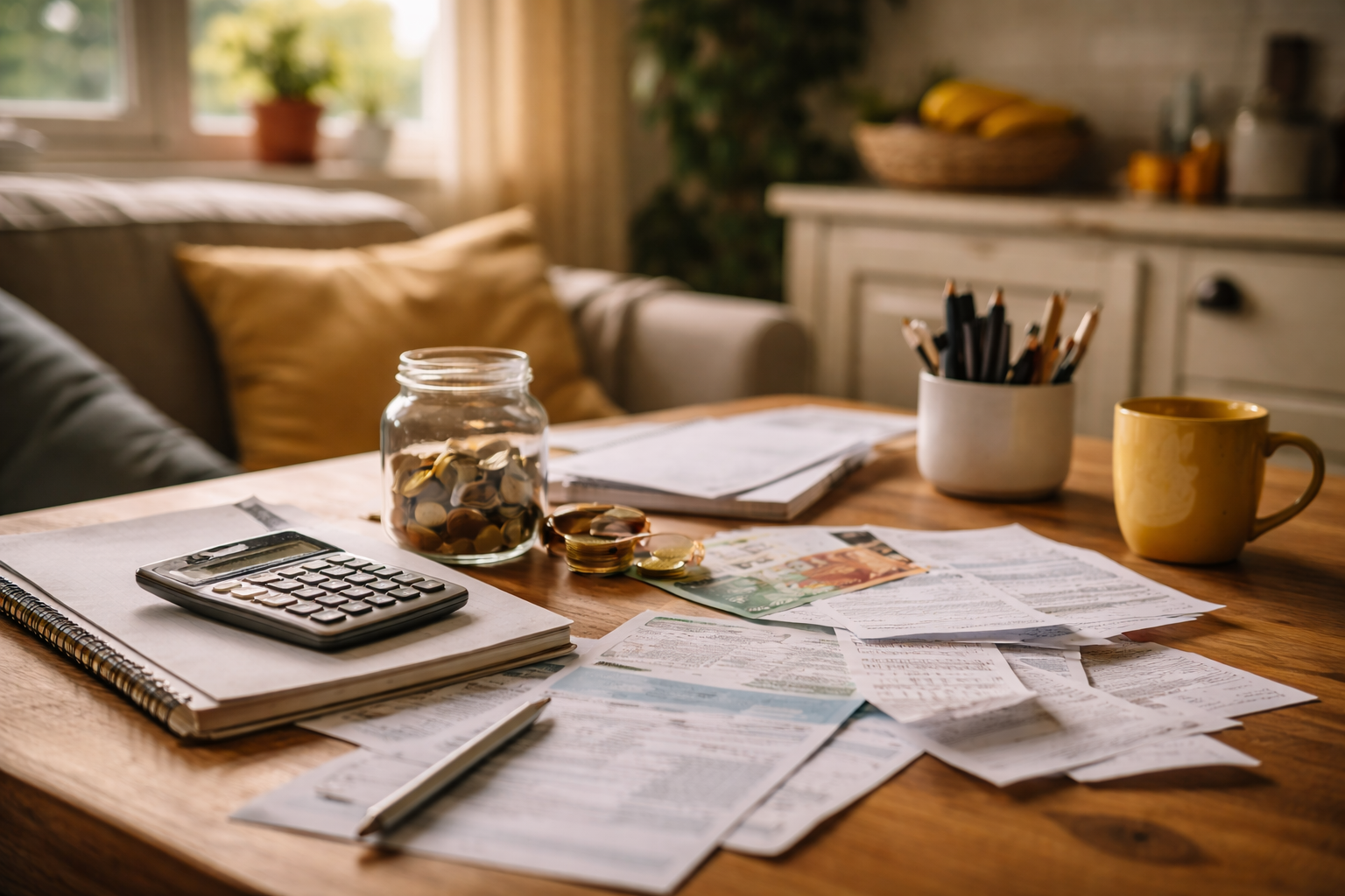 Facturas, dinero y calculadora sobre mesa en un hogar en España reflejando el impacto del coste de vida en 2026