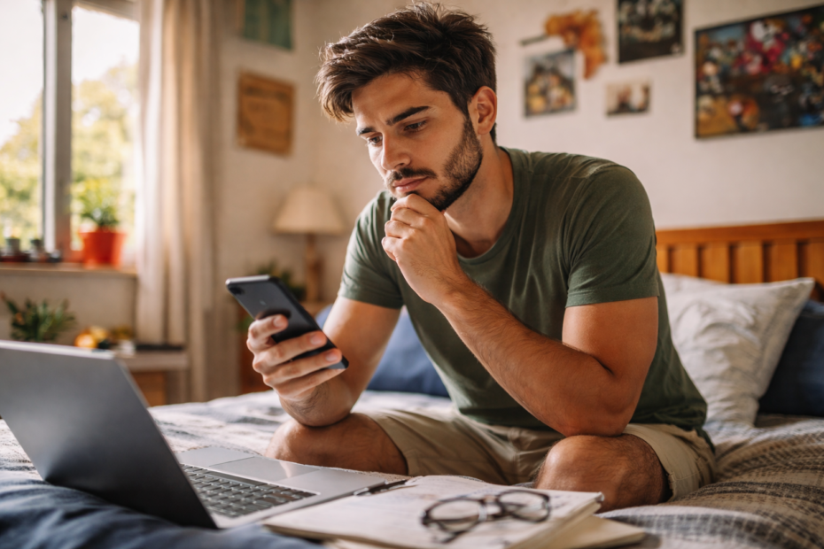 Joven en España revisando su móvil con expresión pensativa ante decisiones económicas por el coste de vida en 2026