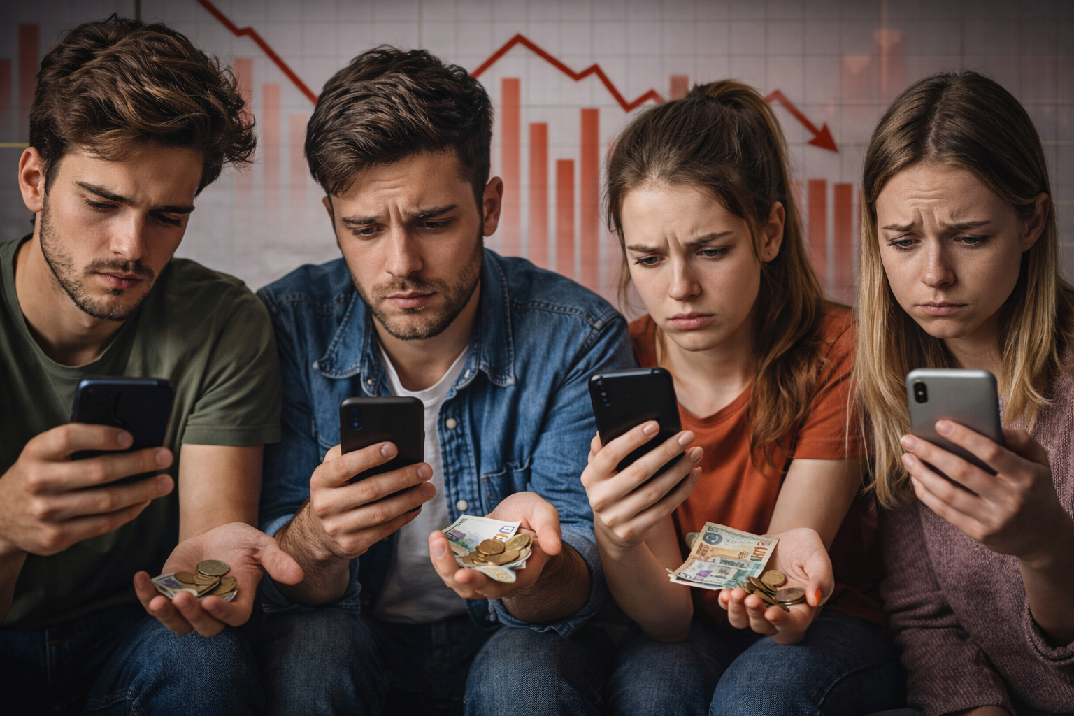 Jóvenes en España preocupados mirando sus móviles con poco dinero en mano y caída económica en 2026