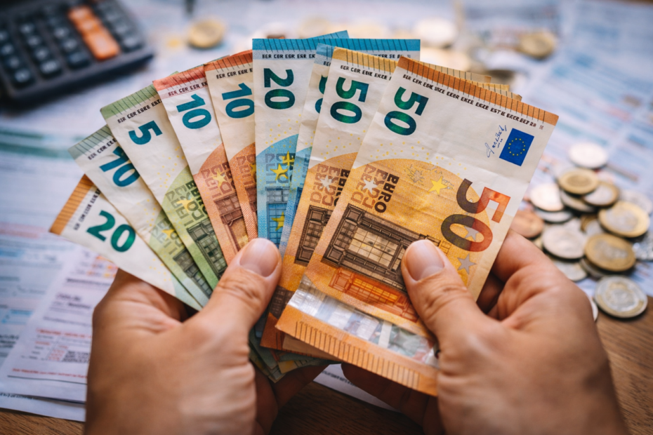 Manos sosteniendo dinero en euros con colores llamativos reflejando el impacto económico en España en 2026