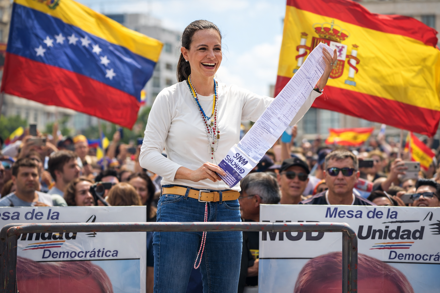 María Corina Machado en concentración en Madrid con seguidores y banderas durante acto político