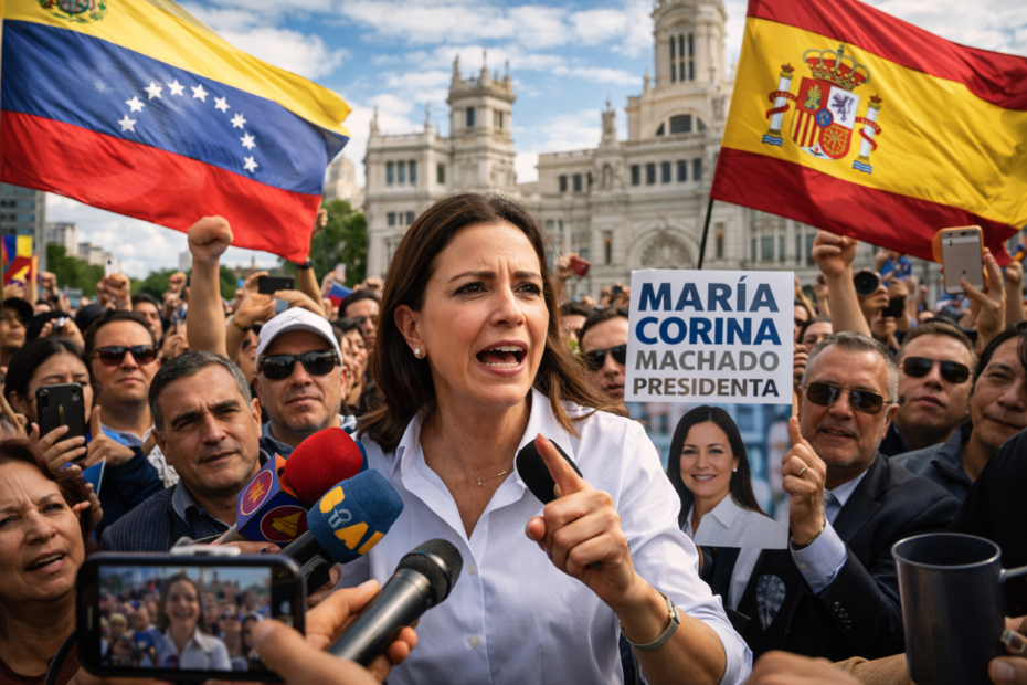 María Corina Machado en Madrid rodeada de seguidores y banderas de España y Venezuela en medio de polémica política
