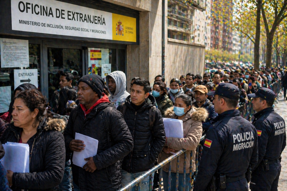 migrantes haciendo fila en oficina de extranjería en España con documentos en mano para proceso de regularización