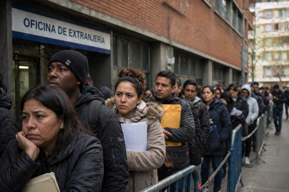 migrantes haciendo fila en España frente a oficina de extranjería esperando regularización