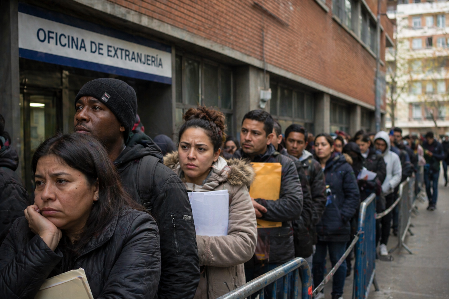 migrantes haciendo fila en España frente a oficina de extranjería esperando regularización