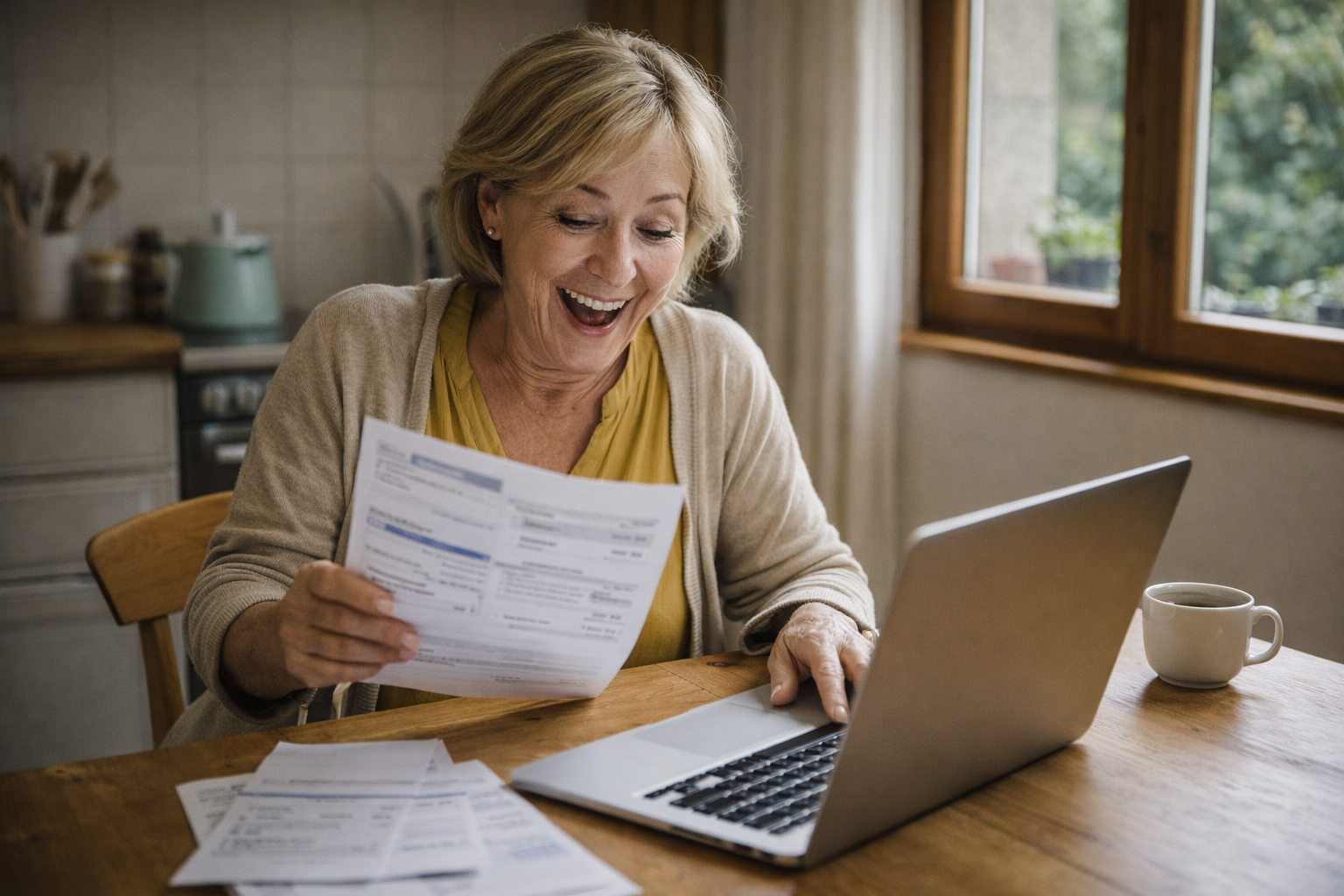 Mujer en España revisando facturas con expresión de alivio tras recibir ayudas económicas en 2026