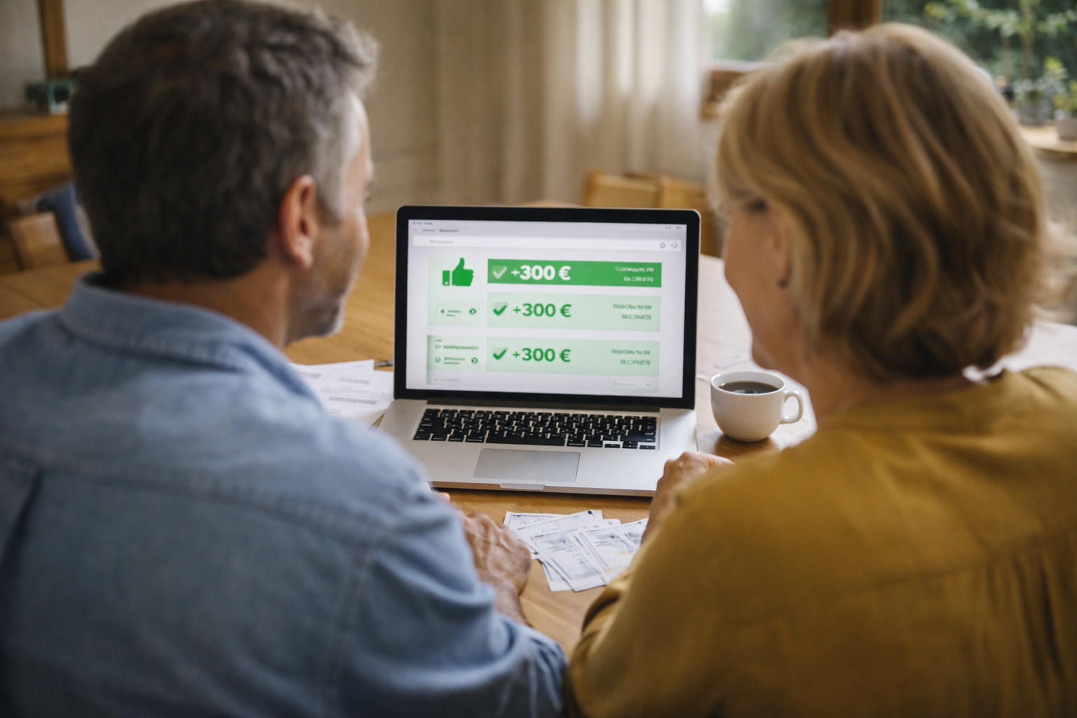 Pareja en España revisando sus finanzas en laptop con expresión de alivio tras recibir ayudas económicas en 2026