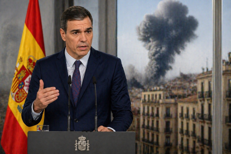 Pedro Sánchez en conferencia de prensa en España hablando sobre medidas económicas ante crisis internacional