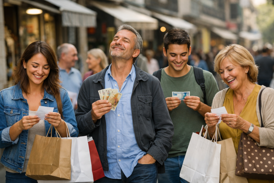 Personas en España haciendo compras con dinero en la mano y expresión de alivio tras recibir un bono económico en 2026