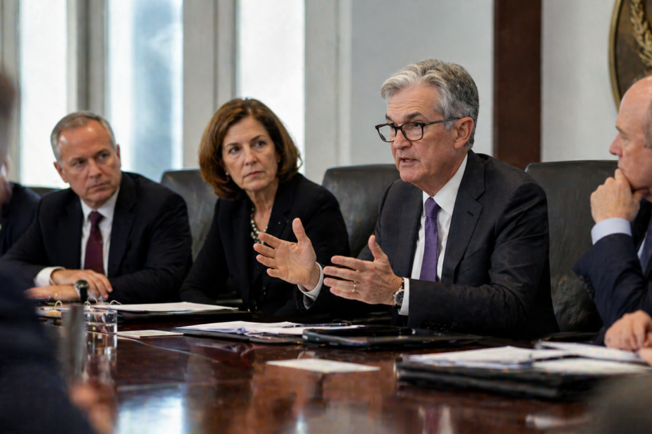 funcionarios de banco central en reunión analizando política económica en sala de conferencias