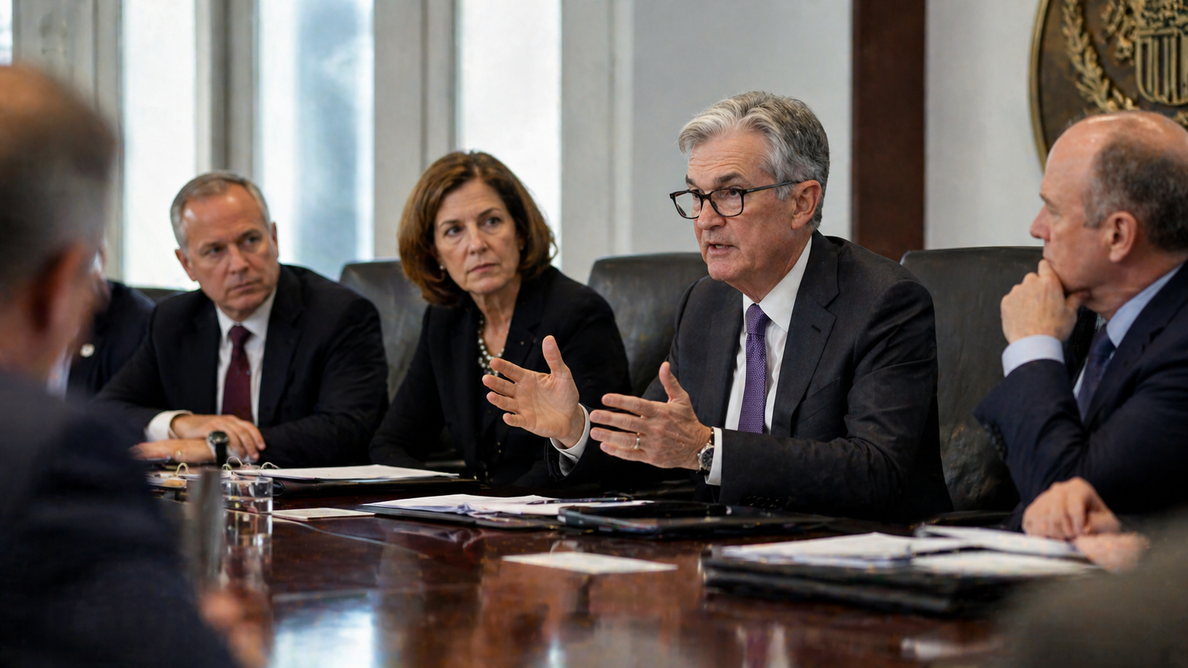 funcionarios de banco central en reunión analizando política económica en sala de conferencias