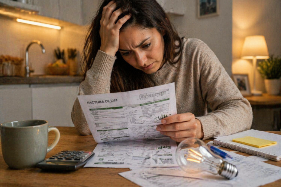 mujer preocupada revisando factura de luz en casa por subida de electricidad en España 2026