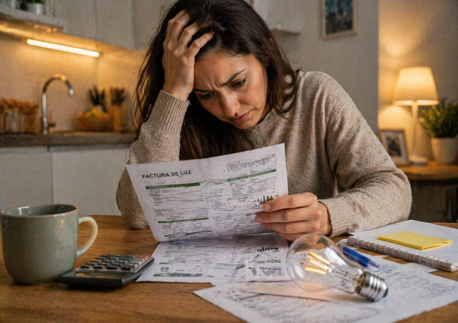 mujer preocupada revisando factura de luz en casa por subida de electricidad en España 2026