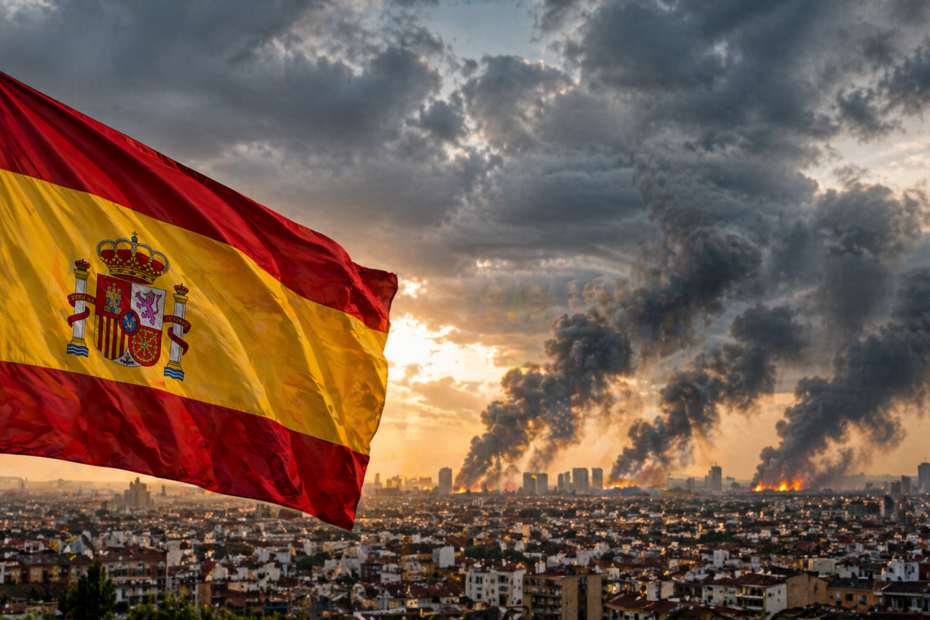 bandera de España en primer plano con ciudad al fondo y columnas de humo por tensión internacional