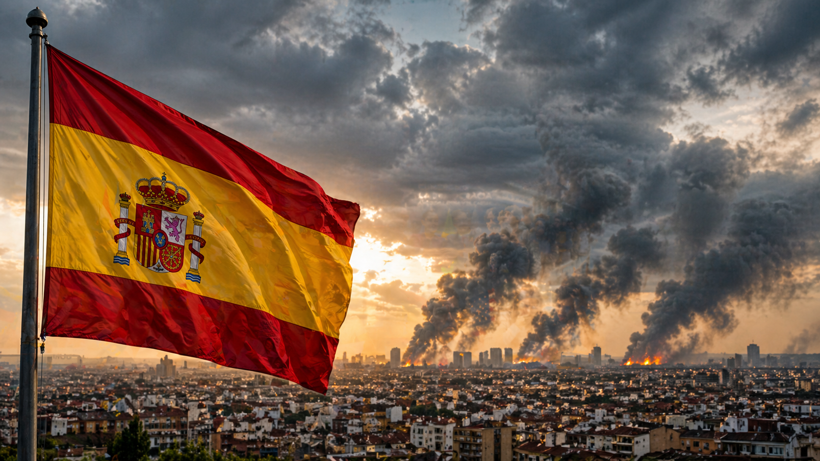 bandera de España en primer plano con ciudad al fondo y columnas de humo por tensión internacional