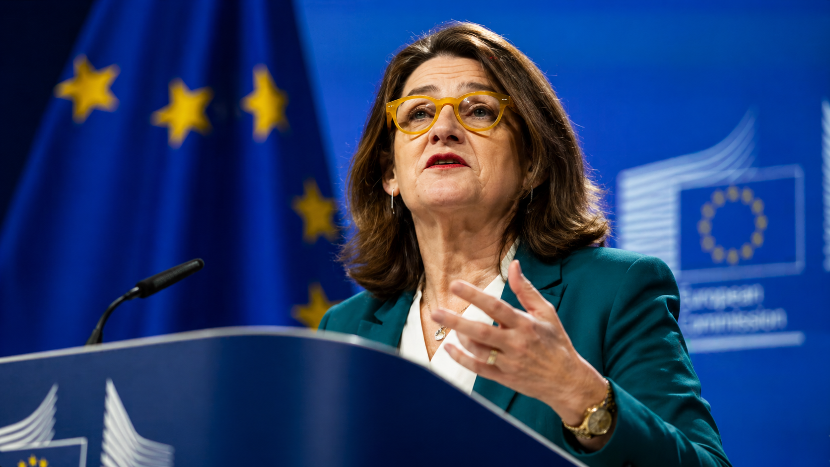 funcionaria de la Unión Europea hablando en conferencia sobre medidas económicas ante el aumento del combustible