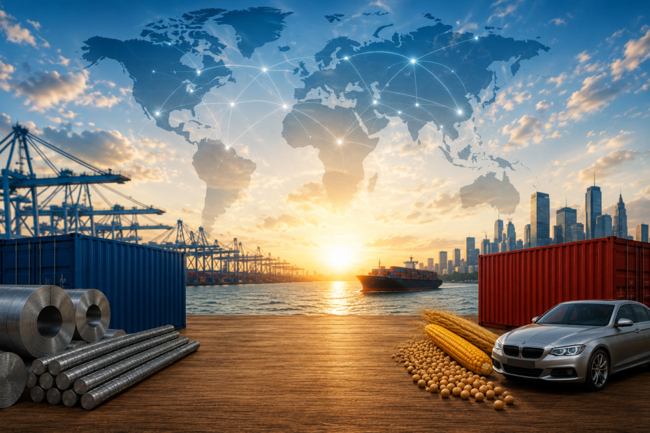 Puerto comercial internacional con contenedores, acero, automóviles y mercancías representando el acuerdo económico entre Europa y Estados Unidos
