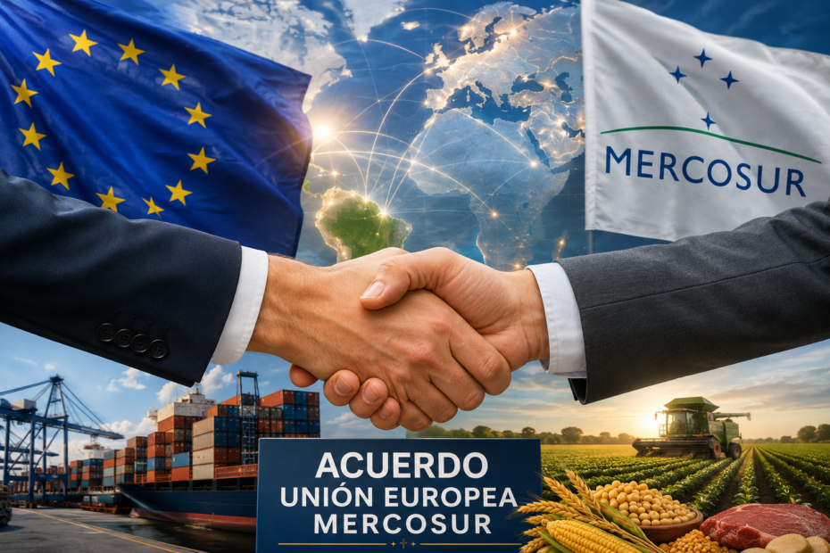 Representación del acuerdo comercial entre la Unión Europea y Mercosur con banderas, comercio internacional y exportaciones