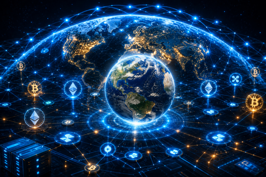 Ilustración futurista de criptomonedas y tecnología blockchain conectando la economía digital mundial