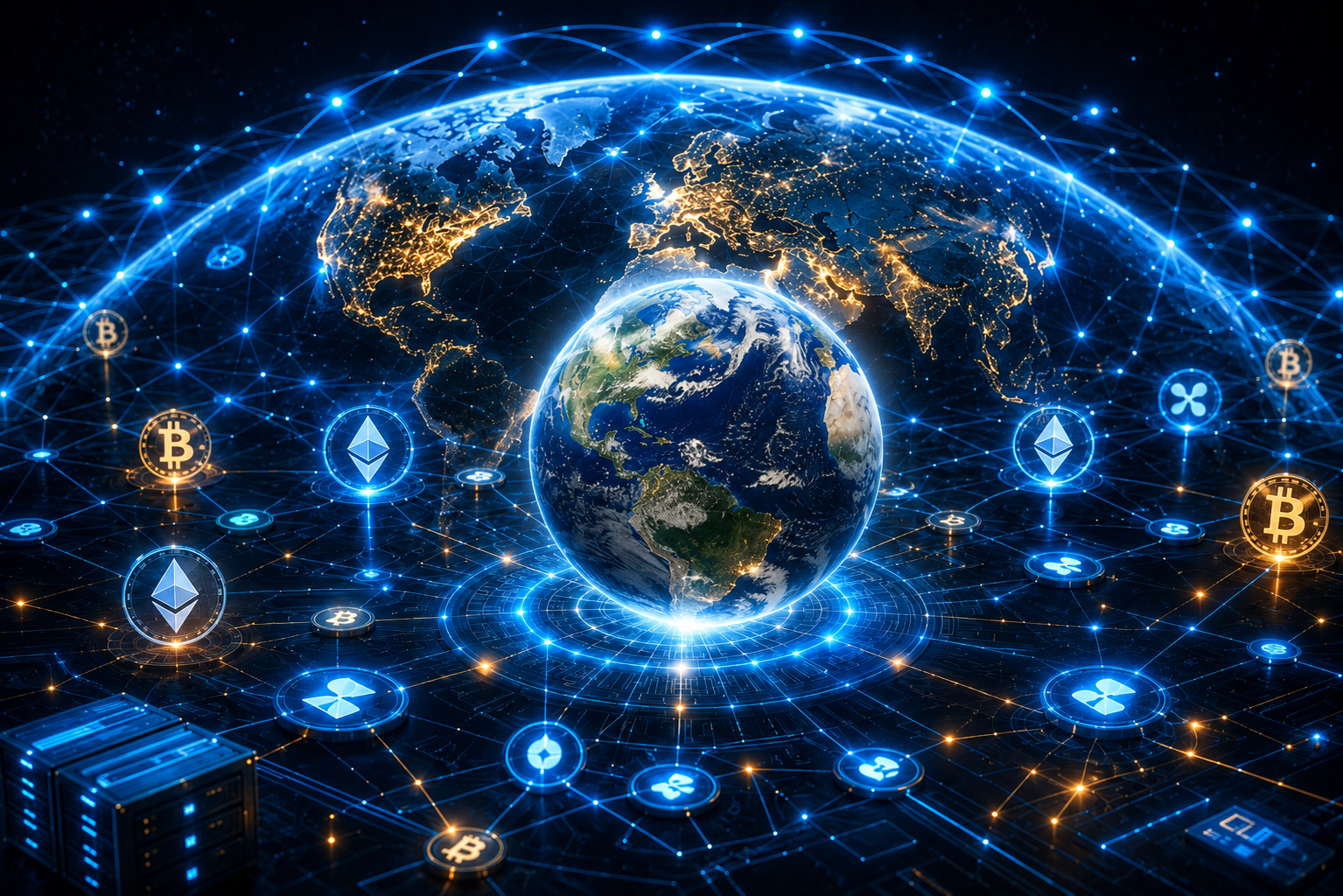 Ilustración futurista de criptomonedas y tecnología blockchain conectando la economía digital mundial